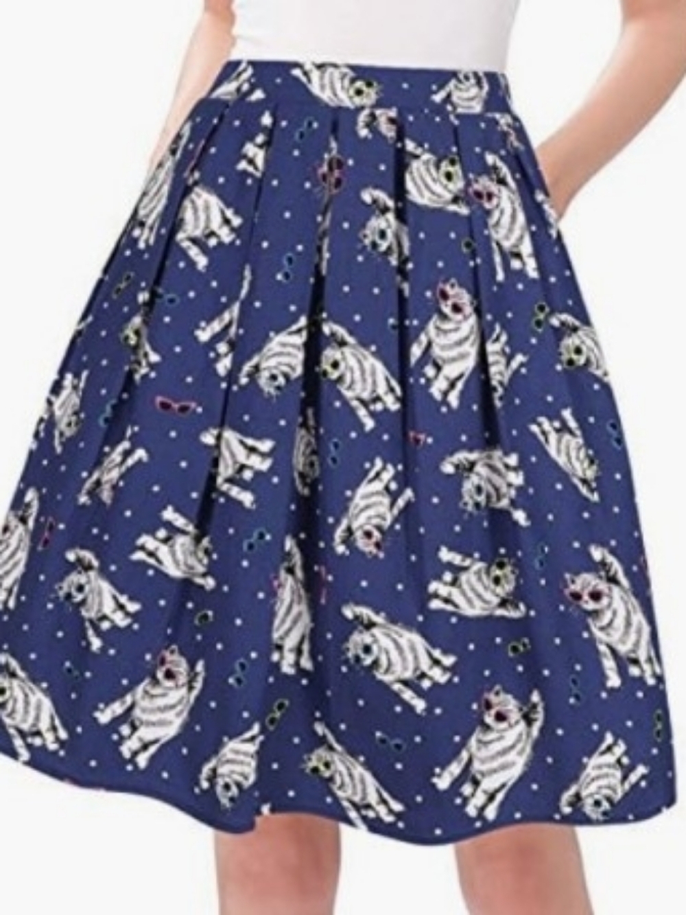 Blue Novelty Cat with Sunglasses Print Pleated Skirt Size S - Picture 2 of 13